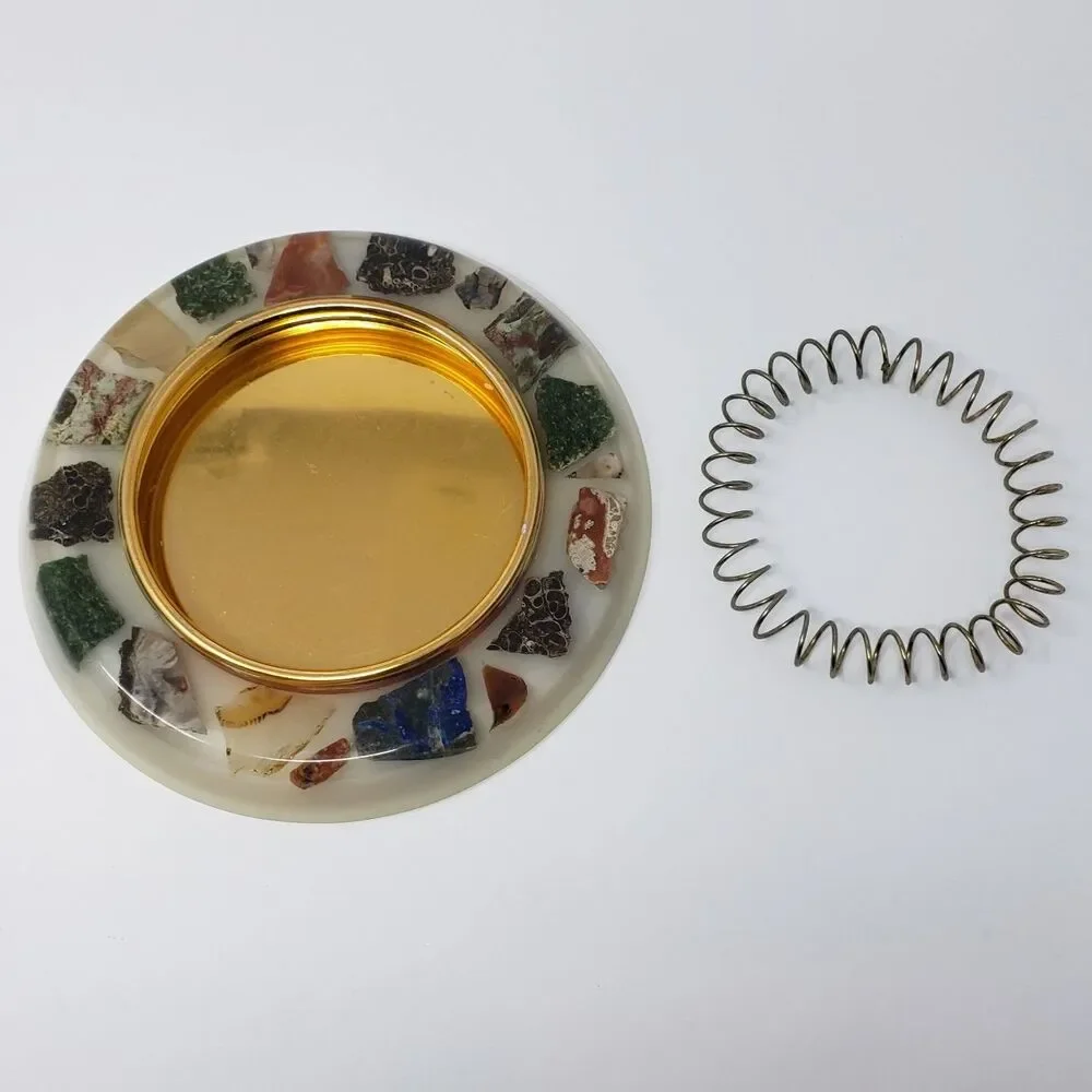 Vintage Mid-Century Modern Lucite Ashtray Real Semi-Precious Stones Gold Insert